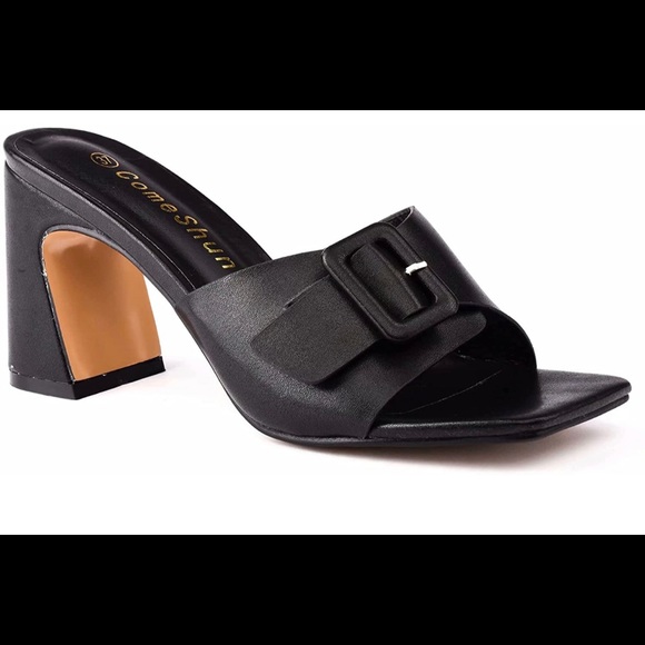 ComeShun Women Low Block Heels Large Buckle Slip On Mules Square Toe - Picture 2 of 5